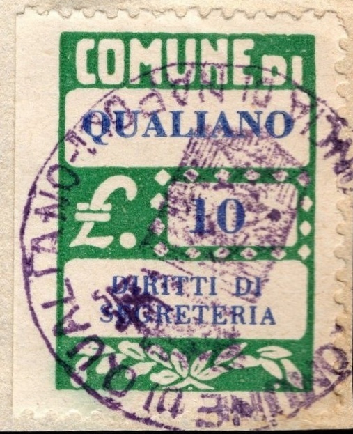 Marca da Bollo del Comune di QUALIANO su Carta Bianca di dimensioni 21 x 27 mm