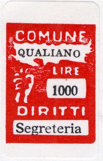 Marca da Bollo del Comune di QUALIANO su Carta Bianca di dimensioni 13 x 17,5 mm