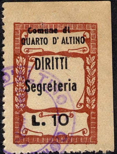 Marca da Bollo del Comune di QUARTO D´ALTINO su Carta Bianca di dimensioni 20 x 29,5 mm