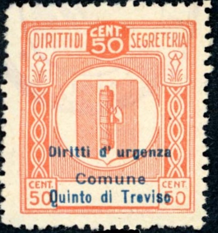 Marca da Bollo del Comune di QUINTO DI TREVISO su Carta Bianca di dimensioni 23,5 x 26 mm