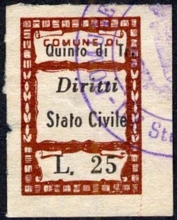 Marca da Bollo del Comune di QUINTO DI TREVISO su Carta Bianca Sottile di dimensioni 21 X 33,5 mm