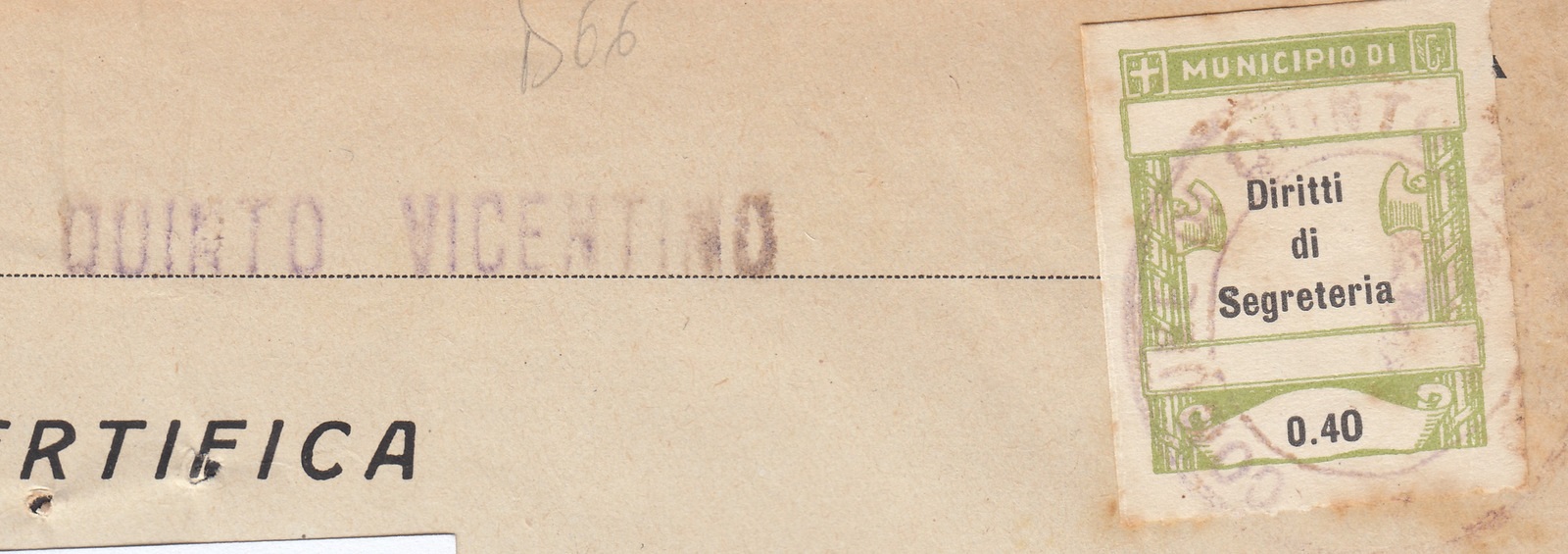 Marca da Bollo del Comune di QUINTO VICENTINO su Carta Bianca di dimensioni 25 x 31 mm