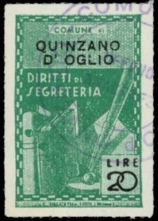 Marca da Bollo del Comune di QUINZANO D´OGLIO su Carta Bianca Sottile di dimensioni 21 X 32 mm