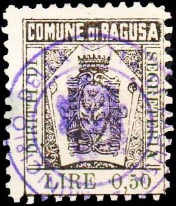 Marca da Bollo del Comune di RAGUSA su Carta Bianca Sottile di dimensioni 21 x 26,5 mm