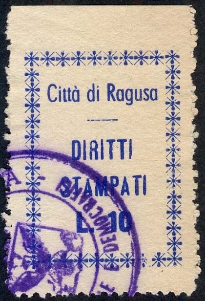 Marca da Bollo del Comune di RAGUSA su Carta Bianca Sottile di dimensioni 22 x 31 mm