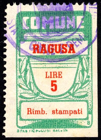 Marca da Bollo del Comune di RAGUSA su Carta Bianca di dimensioni 21 X 33,5 mm