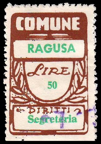 Marca da Bollo del Comune di RAGUSA su Carta Bianca di dimensioni 21 X 33,5 mm