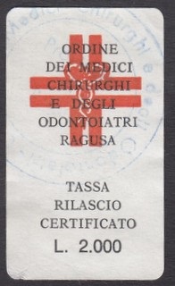 Marca da Bollo del Comune di RAGUSA su Carta Bianca di dimensioni 19,5 x 38 mm
