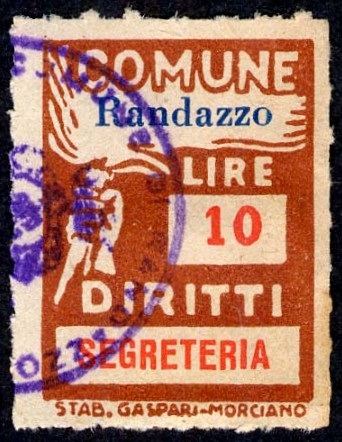 Marca da Bollo del Comune di RANDAZZO su Carta Bianca di dimensioni 18,5 x 26 mm