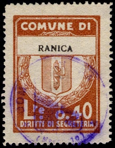 Marca da Bollo del Comune di RANICA su Carta Bianca di dimensioni 18,5 x 22,5 mm