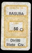 Marca da Bollo del Comune di RASURA su Carta Bianca di dimensioni 14 x 22 mm
