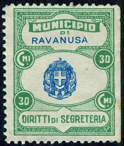 Marca da Bollo del Comune di RAVANUSA su Carta Bianca di dimensioni 24 x 30,5 mm