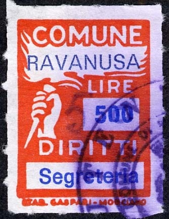 Marca da Bollo del Comune di RAVANUSA su Carta Bianca di dimensioni 18,5 x 25,5 mm