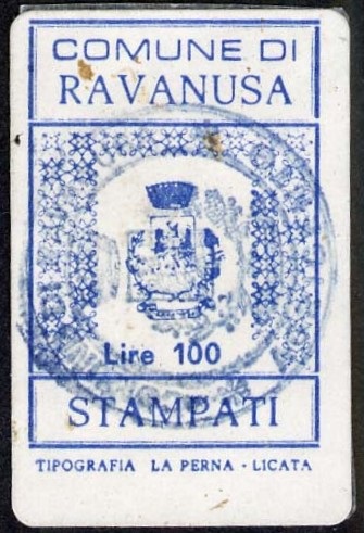 Marca da Bollo del Comune di RAVANUSA su di dimensioni 17,5 x 27,5 mm
