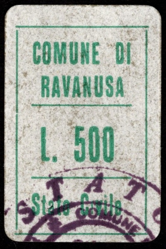 Marca da Bollo del Comune di RAVANUSA su Carta Bianca di dimensioni 9,5 x 21 mm
