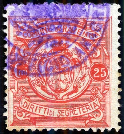 Marca da Bollo del Comune di RAVENNA su Carta Bianca Sottile di dimensioni 23 x 25,5 mm