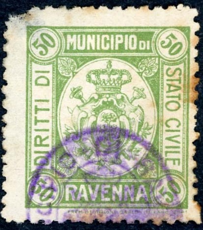 Marca da Bollo del Comune di RAVENNA su Carta Bianca di dimensioni 23 x 26,5 mm