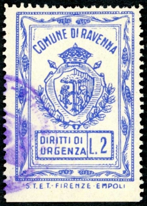 Marca da Bollo del Comune di RAVENNA su Carta Bianca Sottile di dimensioni 25 x 37 mm