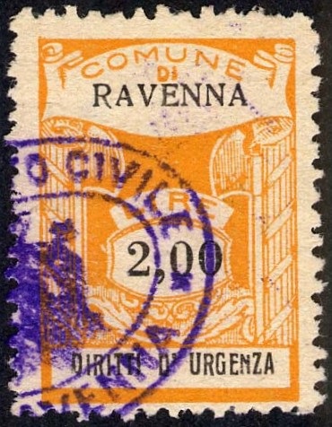 Marca da Bollo del Comune di RAVENNA su Carta Bianca Sottile di dimensioni 20 x 28 mm