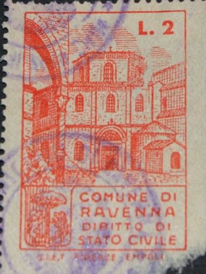 Marca da Bollo del Comune di RAVENNA su Carta Bianca Sottile di dimensioni 25 x 38,5 mm