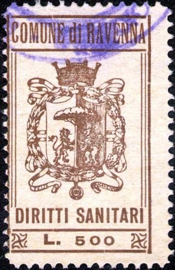 Marca da Bollo del Comune di RAVENNA su Carta Bianca Sottile di dimensioni 19 x 32 mm