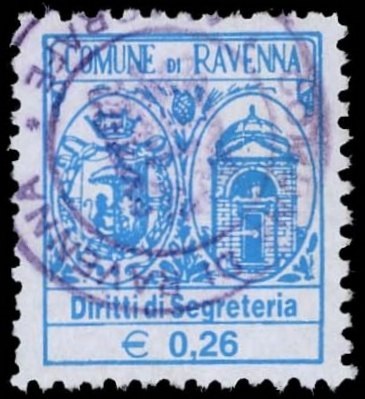 Marca da Bollo del Comune di RAVENNA su Carta Bianca di dimensioni 19 x 22 mm