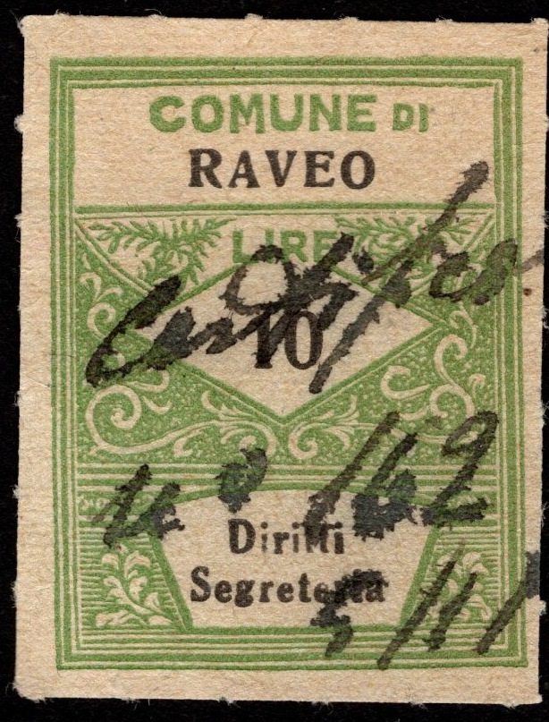 Marca da Bollo del Comune di RAVEO su Carta Bianca di dimensioni 22 x 28 mm