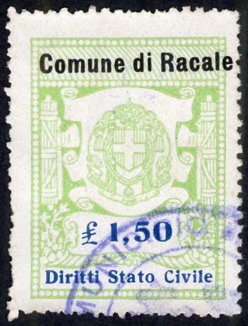Marca da Bollo del Comune di RECALE su Carta Bianca Sottile di dimensioni 20,5 x 27 mm