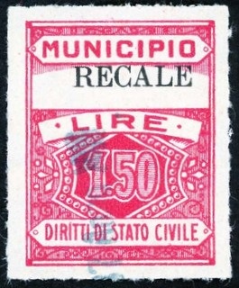 Marca da Bollo del Comune di RECALE su Carta Bianca di dimensioni 22,5 x 29 mm