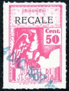 Marca da Bollo del Comune di RECALE su Carta Bianca di dimensioni 21,5 x 31 mm