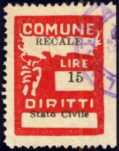 Marca da Bollo del Comune di RECALE su Carta Bianca Sottile di dimensioni 18,5 x 26 mm