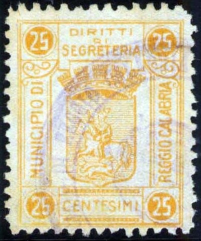 Marca da Bollo del Comune di REGGIO CALABRIA su Carta Bianca di dimensioni 22,5 x 29,5 mm