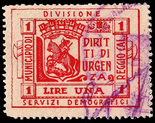 Marca da Bollo del Comune di REGGIO CALABRIA su Carta Bianca di dimensioni 36,5 x 28 mm
