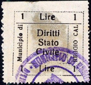 Marca da Bollo del Comune di REGGIO CALABRIA su Carta Bianca di dimensioni 33 x 31 mm