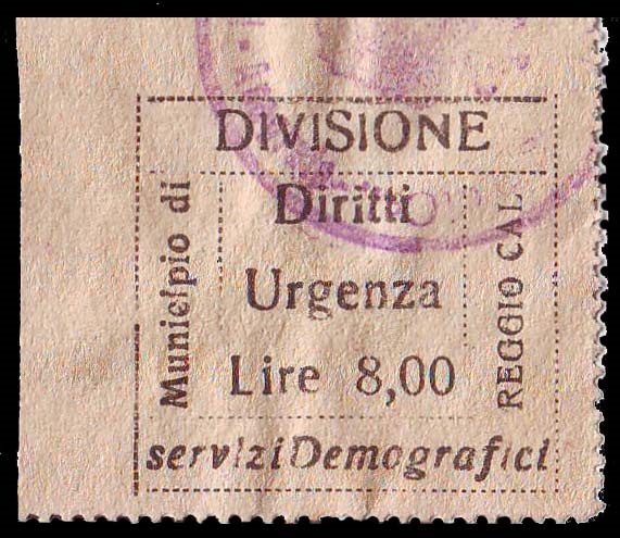Marca da Bollo del Comune di REGGIO CALABRIA su Carta Bianca di dimensioni 27 x 26 mm