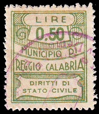 Marca da Bollo del Comune di REGGIO CALABRIA su Carta Bianca Sottile di dimensioni 21,5 x 26 mm