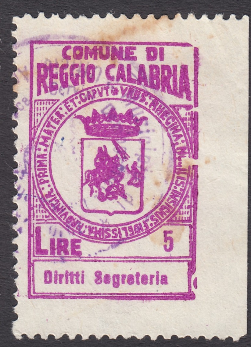 Marca da Bollo del Comune di REGGIO CALABRIA su Carta Bianca di dimensioni 21,5 x 32,5 mm