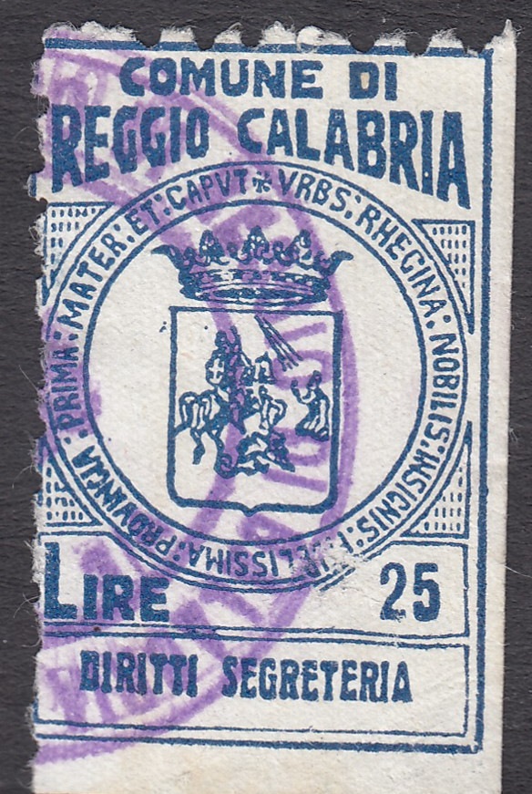 Marca da Bollo del Comune di REGGIO CALABRIA su Carta Bianca di dimensioni 21 x 32,5 mm