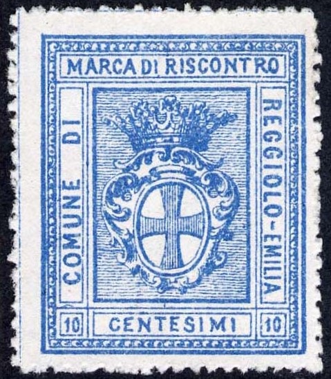 Marca da Bollo del Comune di REGGIOLO su Carta Bianca di dimensioni 26,5 x 32 mm