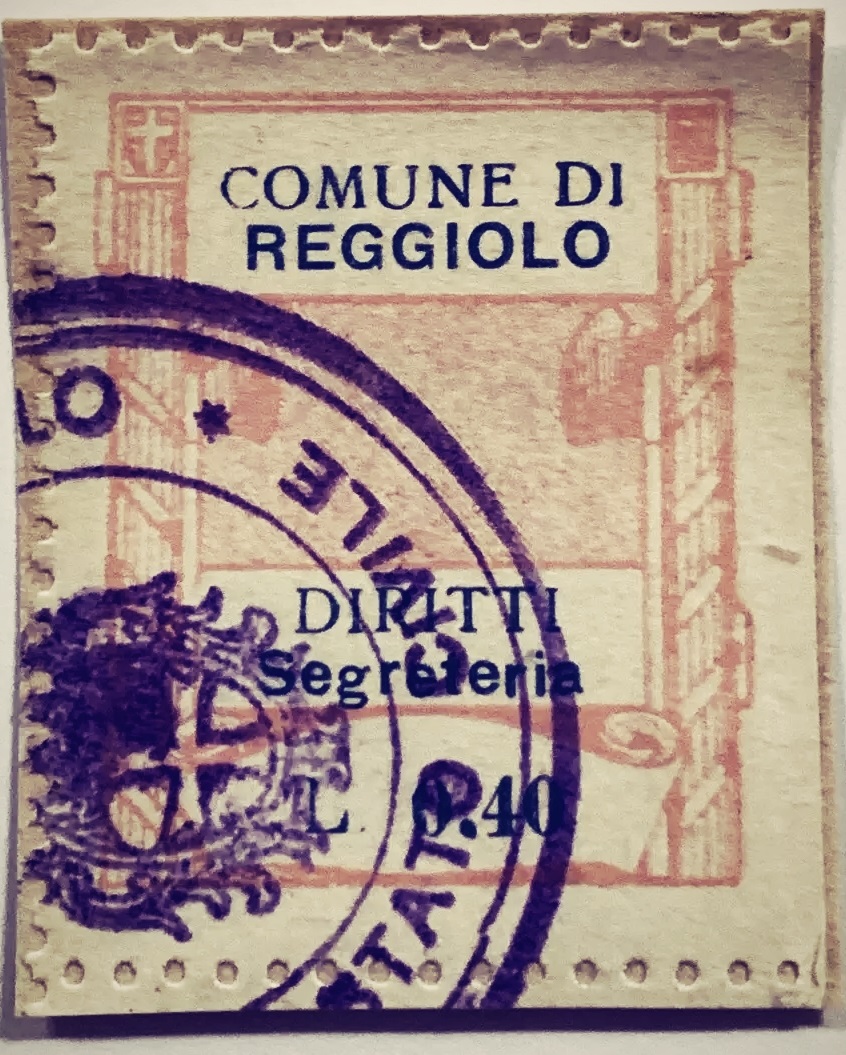 Marca da Bollo del Comune di REGGIOLO su Carta Bianca di dimensioni 23 x 29 mm