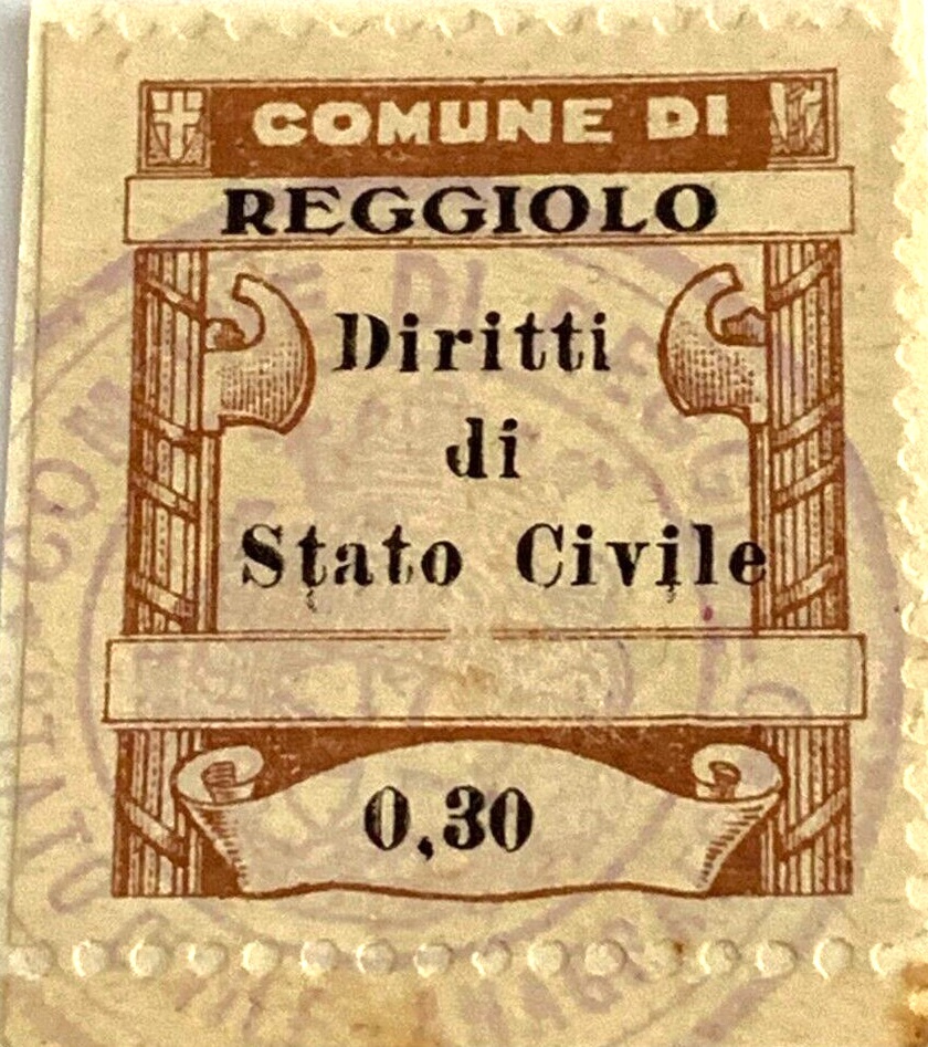 Marca da Bollo del Comune di REGGIOLO su Carta Bianca di dimensioni 23 x 27 mm