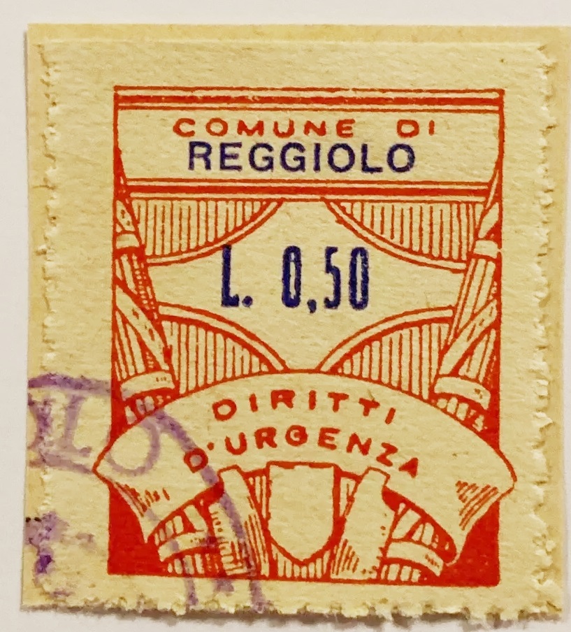 Marca da Bollo del Comune di REGGIOLO su Carta Bianca di dimensioni 23 x 27 mm