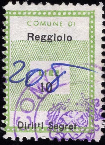 Marca da Bollo del Comune di REGGIOLO su Carta Bianca di dimensioni 20 x 28 mm