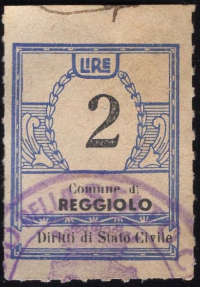 Marca da Bollo del Comune di REGGIOLO su Carta Bianca di dimensioni 21 X 33,5 mm
