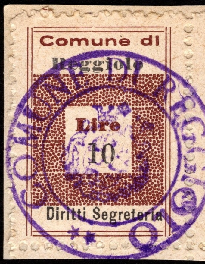 Marca da Bollo del Comune di REGGIOLO su Carta Bianca di dimensioni 20 x 28 mm