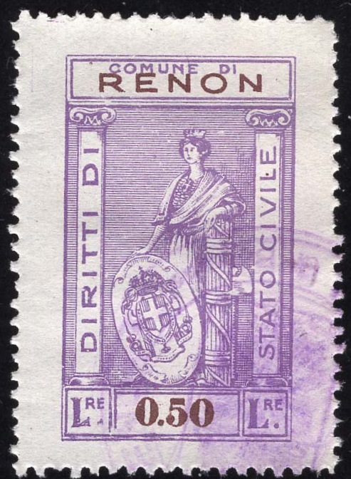 Marca da Bollo del Comune di RENON su Carta Bianca di dimensioni 21 X 33,5 mm