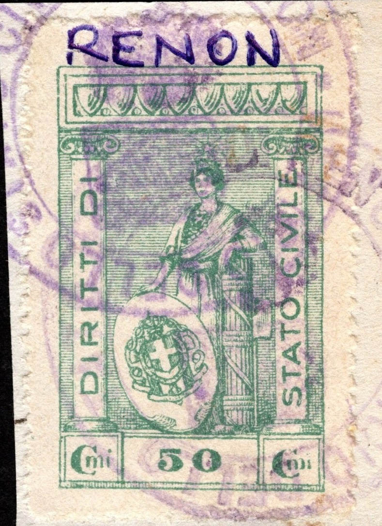 Marca da Bollo del Comune di RENON su Carta Bianca di dimensioni 21 X 33,5 mm
