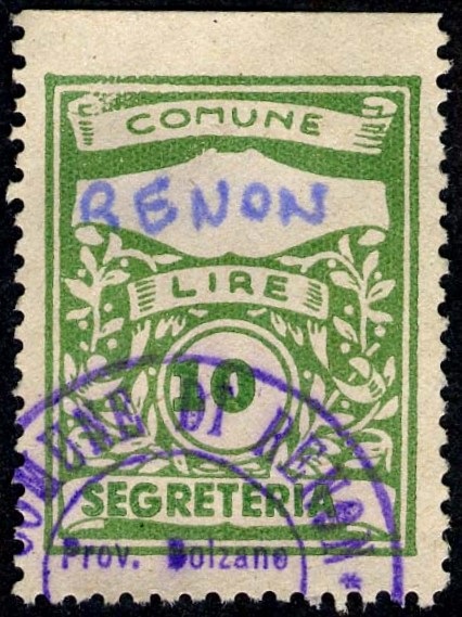 Marca da Bollo del Comune di RENON su Carta Bianca di dimensioni 22,5 x 29 mm