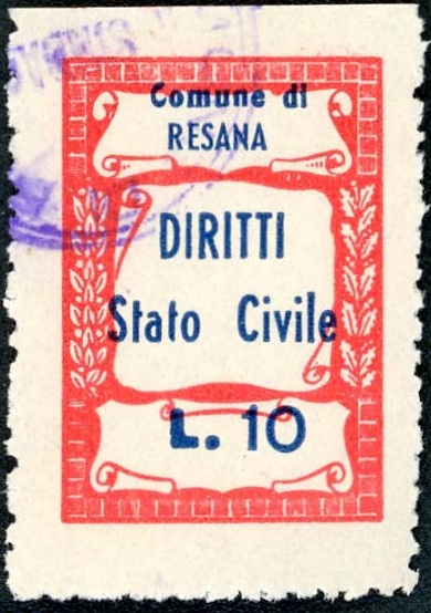 Marca da Bollo del Comune di RESANA su Carta Bianca di dimensioni 20 x 29,5 mm