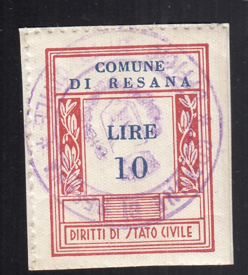 Marca da Bollo del Comune di RESANA su Carta Bianca di dimensioni 23 x 29,5 mm